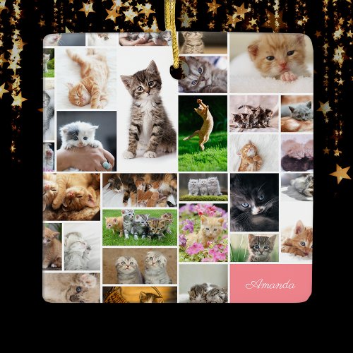 Cute Kitten Photo Montage Coral Pink Cat Christmas Ceramic Ornament