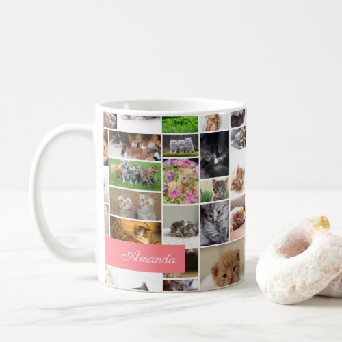 Cute Kitten Photo Montage Coral Pink Cat Coffee Mug