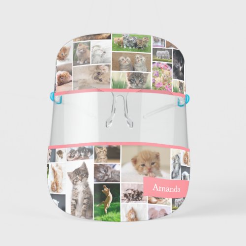 Cute Kitten Photo Montage Coral Pink Cat Kids Face Shield