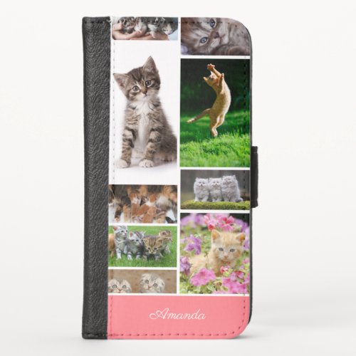 Cute Kitten Photo Montage Coral Pink Cat iPhone X Wallet Case