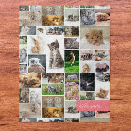 Cute Kitten Photo Montage Coral Pink Cat Jigsaw Puzzle