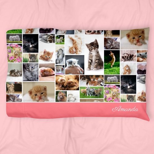Cute Kitten Photo Montage Coral Pink Cat Pillow Case
