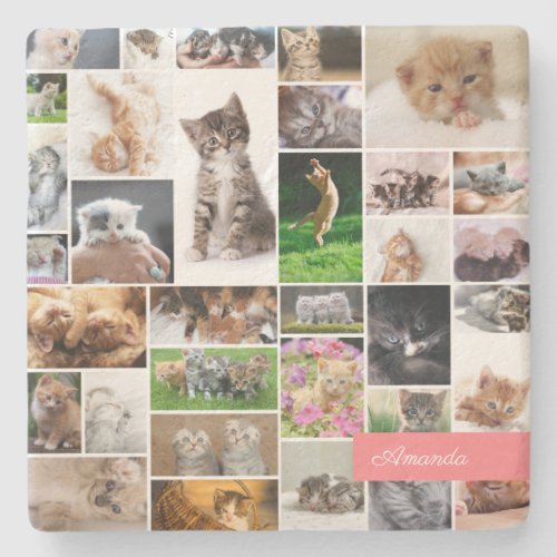 Cute Kitten Photo Montage Coral Pink Cat Stone Coaster