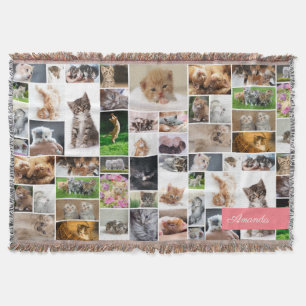Cute Kitten Photo Montage Coral Pink Cat Throw Blanket