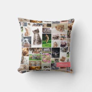 Cute Kitten Photo Montage Coral Pink Cat Throw Pillow