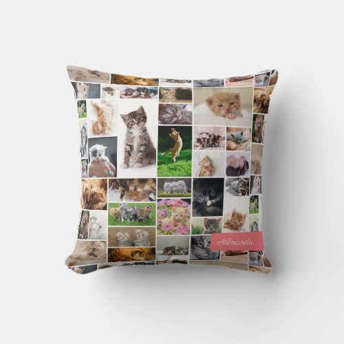 Cute Kitten Photo Montage Coral Pink Cat Throw Pillow