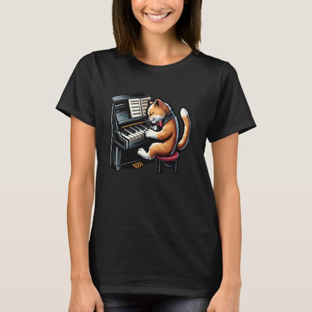 Cute Kitten Pianist - Cat Playing The Piano T-Shirt (Front)