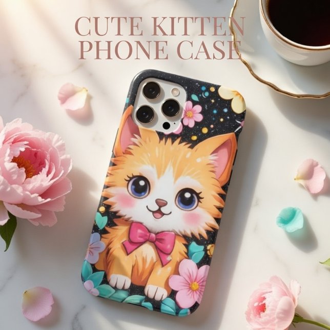 Cute Kitten Pink Bow Floral Black Sparkle Art Case-Mate iPhone Case (Creator Uploaded)