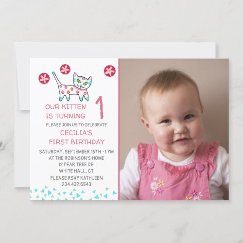 Cute Kitten Pink Girls 1st Birthday Invitation