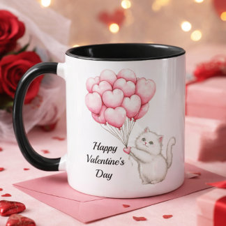 Cute Kitten Pink Heart Balloons Valentine’s Day Mug