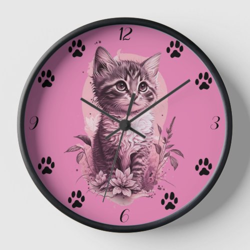 Cute Kitten Pink Wall Clock with Black Cat Paw 