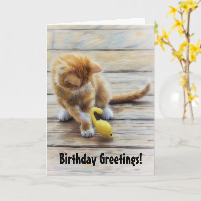 Cute Kitten Playing Fun Birthday Card (Yellow Flower)