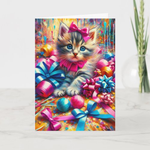 Cute Kitten Playing in Birthday Bows and Ribbons Card
