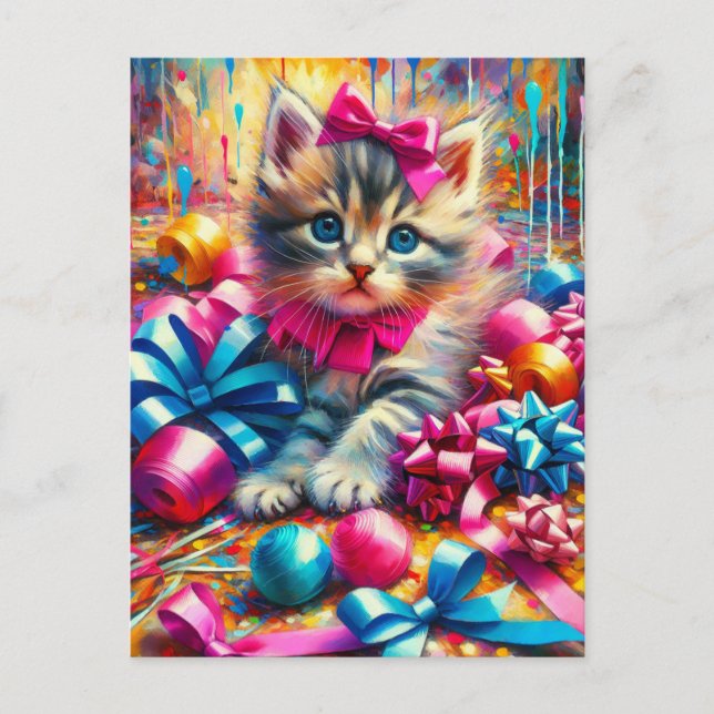 Cute Kitten Playing in Birthday Bows and Ribbons Postcard (Front)