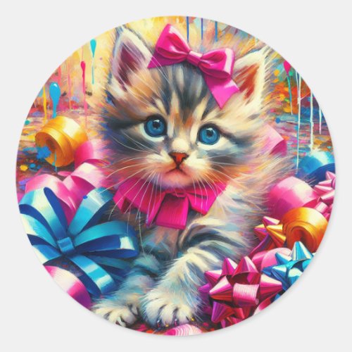 Cute Kitten Playing in Birthday Bows  Classic Round Sticker