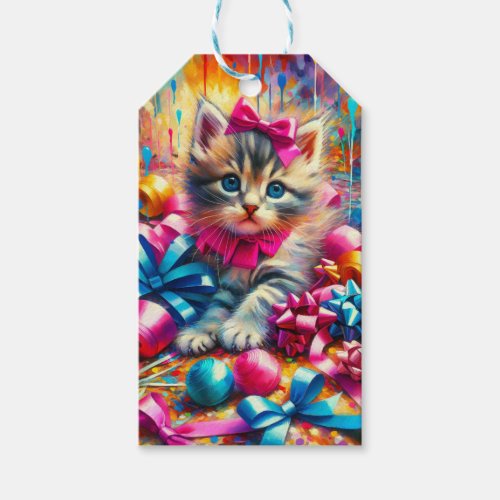 Cute Kitten Playing in Birthday Bows  Gift Tags