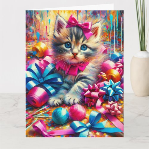 Cute Kitten Playing in Birthday Bows Large Card
