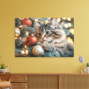 Cute Kitten Playing With Christmas Tree Balls Canvas Print