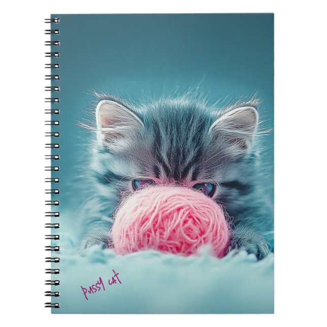 Cute Kitten Playing with Pink Wool Ball Notebook (Front)