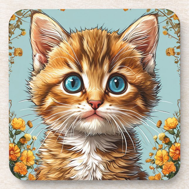 Cute kitten portrait beverage coaster (Front)