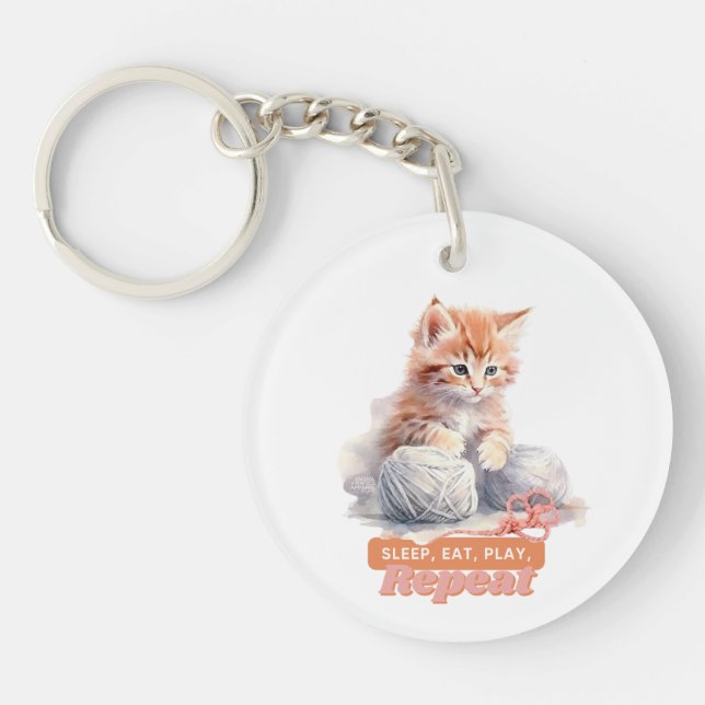 Cute Kitten Quote “Sleep, Eat, Play, Repeat” Keychain (Front)