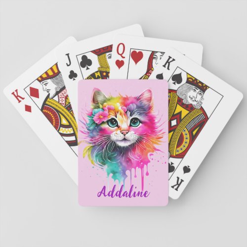 Cute Kitten Rainbow Psychedelic Watercolor Name Playing Cards