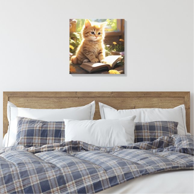 Cute Kitten Reading a Book Canvas Print (Insitu(Bedroom))