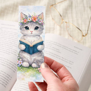 Cute Kitten Reading a Book Watercolor Floral Crown Bookmarks