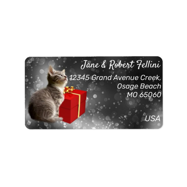 Cute kitten red giftbox festive custom address label (Front)