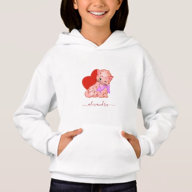 Cute Kitten Red Heart & Girls Name Sweet Love Cat Hoodie (Front)