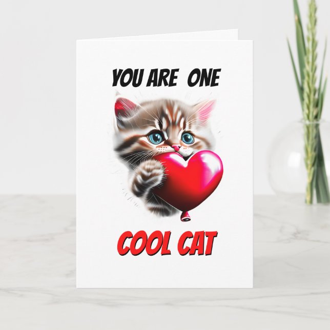 Cute kitten red heart one cool cat lover romantic holiday card (Front)