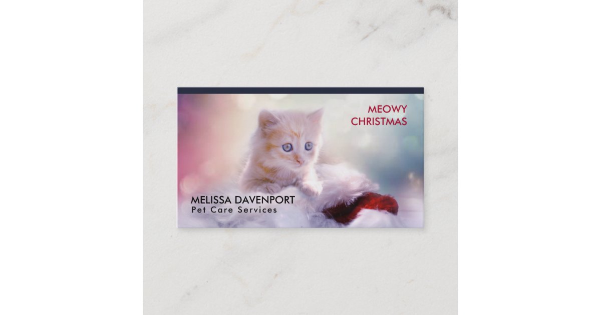Cute Kitten Resting On A Santa Hat Meowy Christmas Business Card