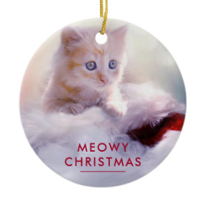 Cute Kitten Resting On a Santa Hat Meowy Christmas Ceramic Ornament