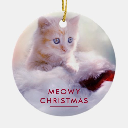 Cute Kitten Resting On a Santa Hat Meowy Christmas Ceramic Ornament