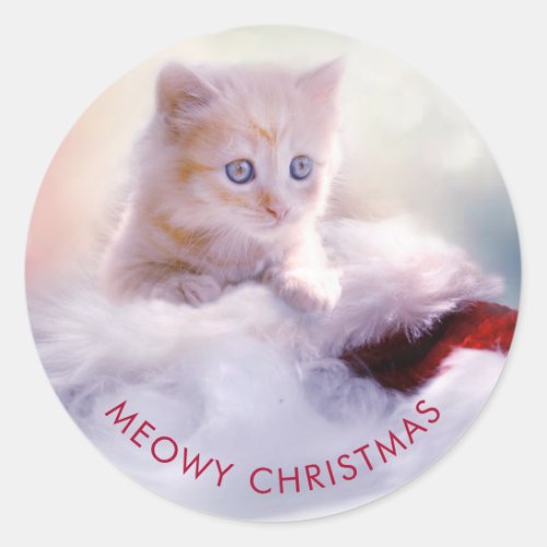 Cute Kitten Resting On a Santa Hat Meowy Christmas Classic Round Sticker