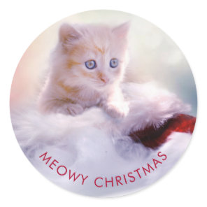 Cute Kitten Resting On a Santa Hat Meowy Christmas Classic Round Sticker