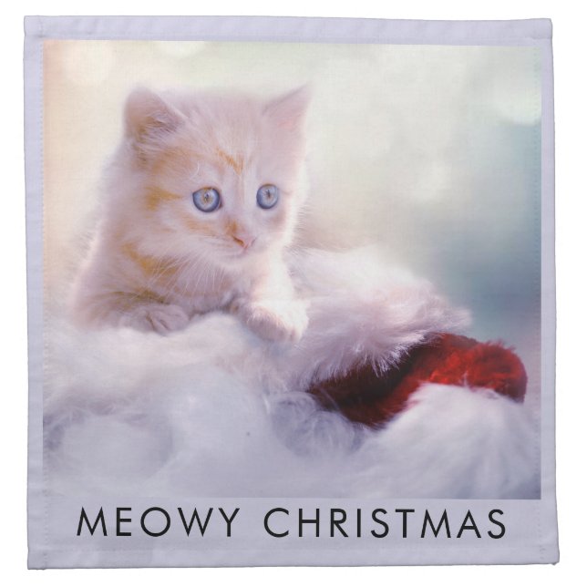 Cute Kitten Resting On a Santa Hat Meowy Christmas Cloth Napkin (Front)