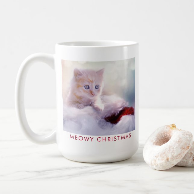 Cute Kitten Resting On a Santa Hat Meowy Christmas Coffee Mug (With Donut)
