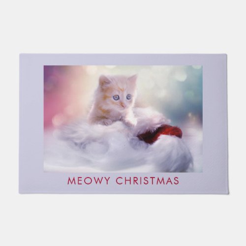 Cute Kitten Resting On a Santa Hat Meowy Christmas Doormat