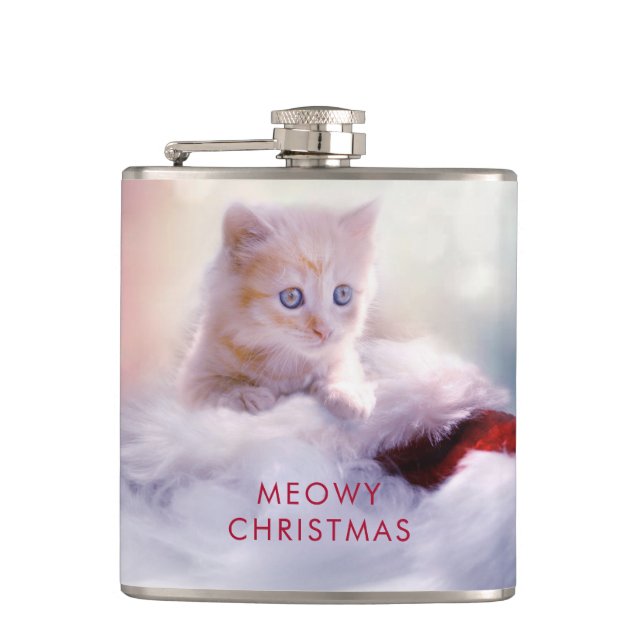 Cute Kitten Resting On a Santa Hat Meowy Christmas Flask (Front)