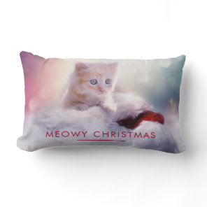 Cute Kitten Resting On a Santa Hat Meowy Christmas Lumbar Pillow
