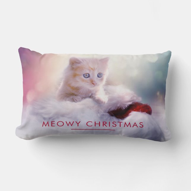 Cute Kitten Resting On a Santa Hat Meowy Christmas Lumbar Pillow (Front)