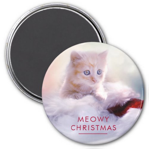 Cute Kitten Resting On a Santa Hat Meowy Christmas Magnet