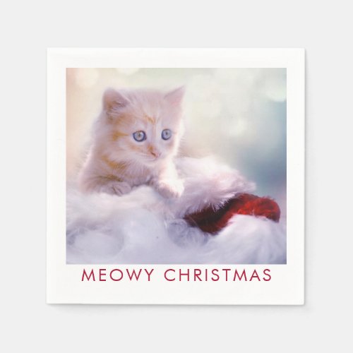 Cute Kitten Resting On a Santa Hat Meowy Christmas Napkins