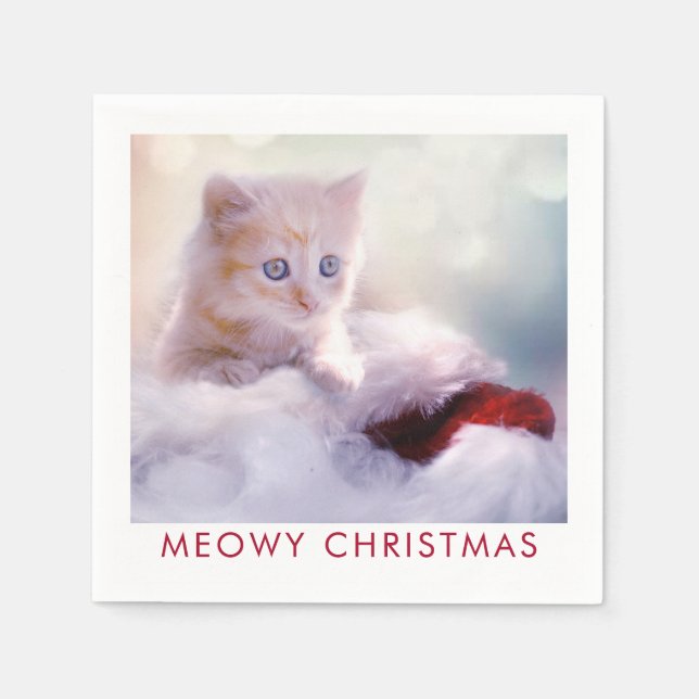 Cute Kitten Resting On a Santa Hat Meowy Christmas Napkins (Front)