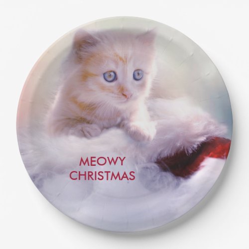 Cute Kitten Resting On a Santa Hat Meowy Christmas Paper Plates