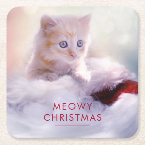 Cute Kitten Resting On a Santa Hat Meowy Christmas Square Paper Coaster