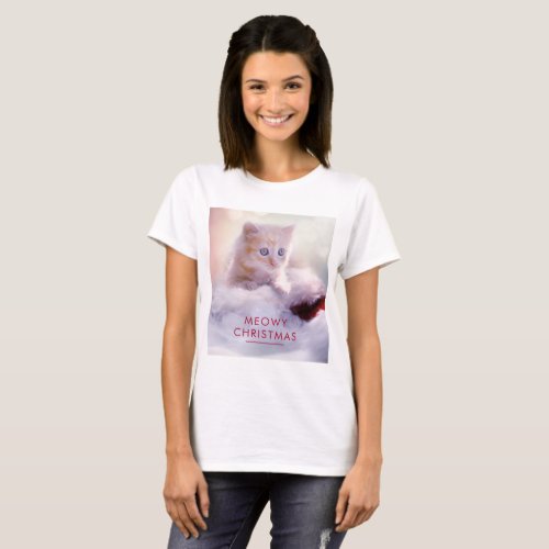 Cute Kitten Resting On a Santa Hat Meowy Christmas T_Shirt