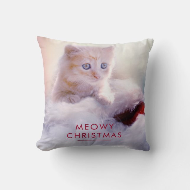 Cute Kitten Resting On a Santa Hat Meowy Christmas Throw Pillow (Front)