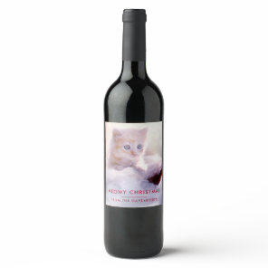 Cute Kitten Resting On a Santa Hat Meowy Christmas Wine Label